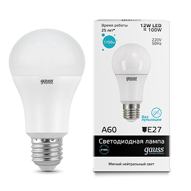 Лампа светодиодная GAUSS Elementary A60 12W 1150lm 4100K E27 1/10/40