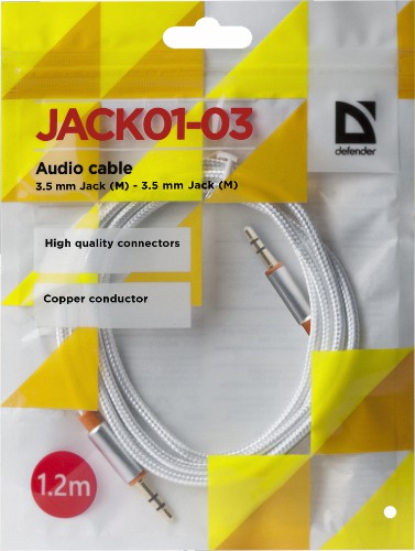 Аудио-кабель DEFENDER JACK01-03 Белый JACK M- JACK M, 1,2м (1/50/400)