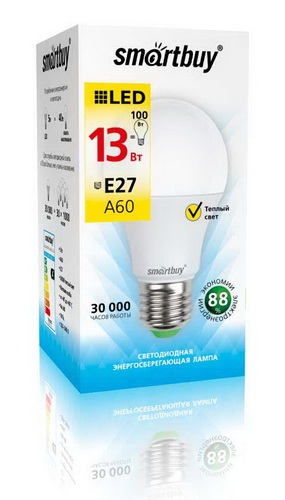 Лампа светодиодная SMARTBUY A60 13Вт 220V 3000K E27 (тёплый свет) (1/10/100)