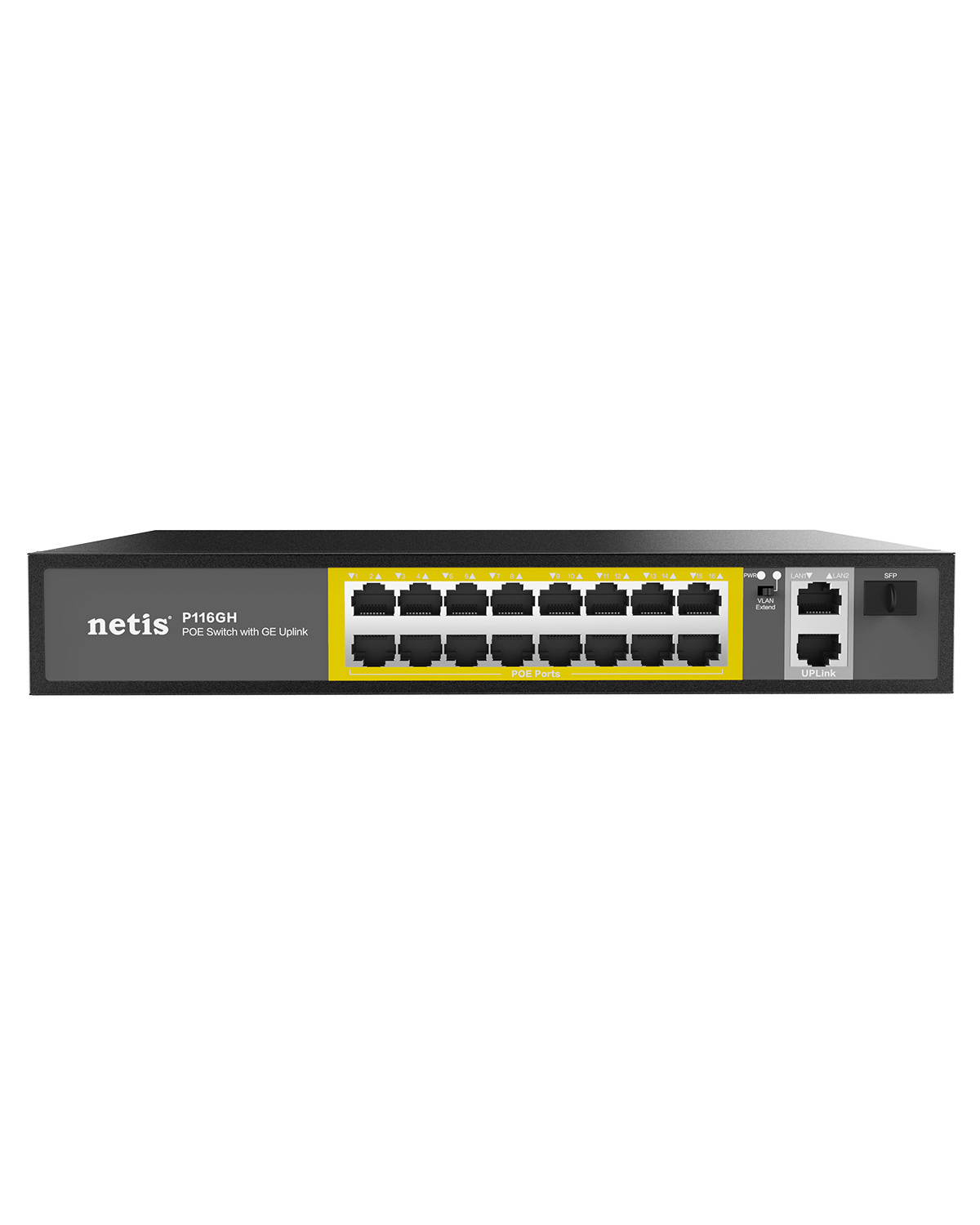 Коммутатор NETIS P116GH,16-портовый неуправляемый PoE / 16FE*PoE+ (802.3af/802.3at) / 2*GE / 1* порт