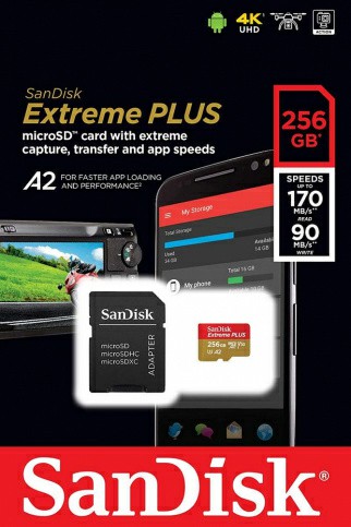 яMicroSDXC  256GB  SanDisk Class 10 Extreme Plus A2 V30 UHS-I U3 (170 Mb/s) +SD адаптер