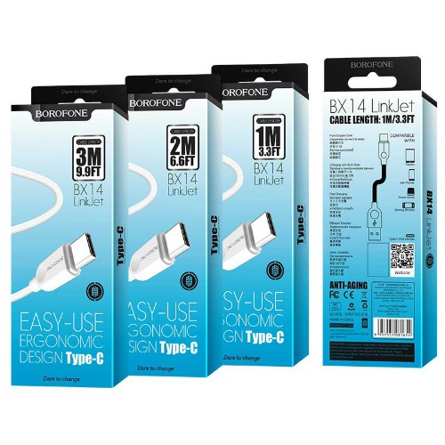 Кабель USB - Type-C Borofone BX14, 2.0м, круглый, 3.0A, силикон, цвет: белый (1/360)